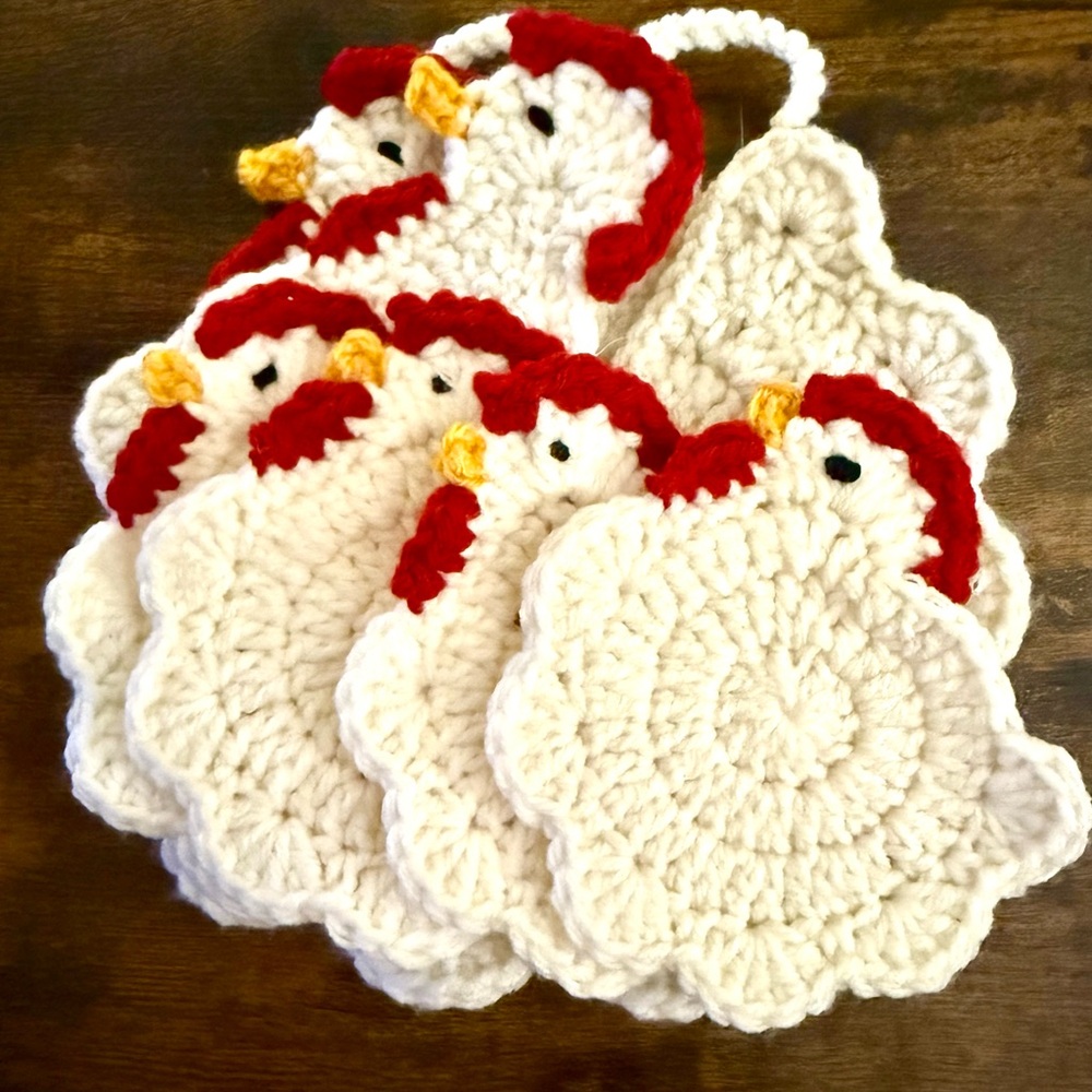 Handmade Crochet Chicken Pot Holders and coasters
